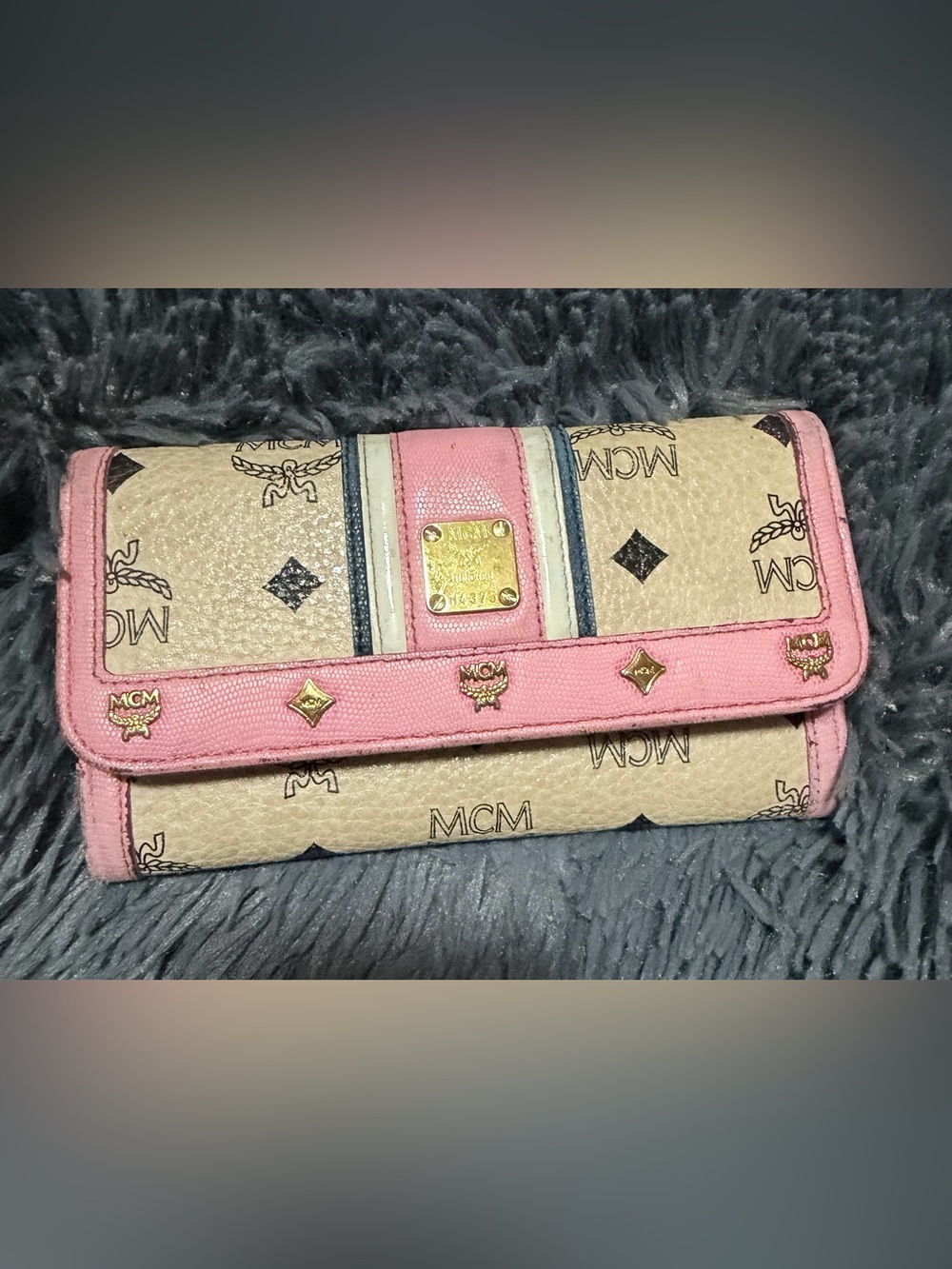 MCM Pink and Beige Logo-Print Wallet with Gold Accents